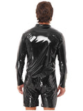 Black Wet Look Mock Neck Latex Bodysuit for Mens Lingerie Zipper Crotch Bodysuit Patent Leather Romper Clubwear Rave Outfit