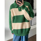 Casual Winter Lapel Sweater Men Warm Fashion Knitted Pullover Men Korean Loose Stripe Long Sleeve Sweater Mens Jumper Clothes