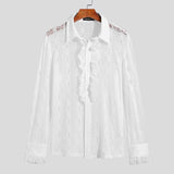 Foesce Sexy Leisure Tops Men's Lace Perspective Printing Blouse Stylish Male Well Fitting Ruffle Long Sleeve Thin Shirts S-5XL