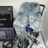 Punk Denim Pants Men Harajuku Flame Cross Print Color Block Baggy Jeans Male Straight Trousers Multi-Pockets New Autumn Winter
