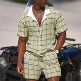 Men's Casual Set Vintage Checked Plaid Short Sleeved Lapel Shirt Beach Suit Fashion Loose Pockets Male Shorts Outfits Streetwear