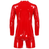 Black Wet Look Mock Neck Latex Bodysuit for Mens Lingerie Zipper Crotch Bodysuit Patent Leather Romper Clubwear Rave Outfit