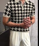 Vintage Houndstooth Print Polo Shirt Men Summer Short Sleeve Casual Pullover Tops Mens Fashion Turn-down Collar Button-up Polos