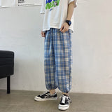 Foesce  Harajuku New Yellow Plaid Drawstring Men's Casual Pants Vintage Loose Straight Streetwear Male Pant Unisex Trousers