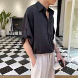 Foesce Short Sleeve Shirt Men Korean Fashion Half-sleeved Shirt Handsome Summer Lapel Solid Color Casual Ice Silk High Quality Top