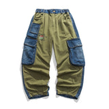 Green & Blue Patchwork Color Men Loose Denim Pants Elastic Waist New Letters Printed Hip Hop Mens Cargo Jeans