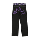Foesce Waist Cashew Print Letter Pactchwork Ripped Jeans Mens Streetwear Straight Washed Retro Oversized Casual Denim Pants Unisex
