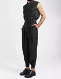 Men Jumpsuits Solid Lapel Sleeveless Multi Pockets Fashion Rompers With Belt Streetwear Casual Cargo Overalls Men