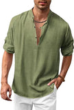 Men's Hippie Linen Shirt Casual Long Sleeve Henry Collar Summer Beach Loose Tee Tops Solid Color T shirts