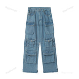 Y2K Style Multi-pocket Tooling Jeans Men's American Retro Street Harajuku Trousers Washed Mopping Pants Youth Clothing
