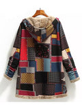 Winter Vintage Women Coat Warm Printing Thick Fleece Hooded Long Jacket with Pocket Ladies Outwear Loose Coat for Women