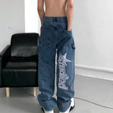 Foesce New Straight Jeans Trendy Brand Hiphop pringt Wide-leg Pants High Street Washed Mopping Loose Thick Denim Trousers fashion pants