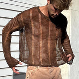 Foesce New Arrivals Autumn Sexy Hollow Mesh Knit T-shirts Men Streetwear Pullovers Solid Long Sleeve Crew Neck Tees Mens Clothing