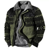 Foesce Winter Mens Warm Thick Fleece Lining Jackets Vintage Pattern Print Patchwork Turn-down Collar Buttoned Coats Men Outerwear