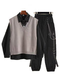 New Spring Autumn 3 Piece Set Women Streetwear Knitted Vest+Long Sleeve Shirt+Harajuku BF Loose Cargo Pants Women