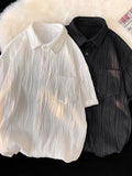 Foesce Pleated Jacquard Short-sleeved Shirt Men's Summer Ice Silk Thin Breathable Loose Casual Blouse Korean Simple Trend Top
