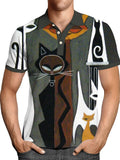 Vintage Houndstooth Print Polo Shirt Men Summer Short Sleeve Casual Pullover Tops Mens Fashion Turn-down Collar Button-up Polos