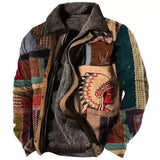 Foesce Winter Mens Warm Thick Fleece Lining Jackets Vintage Pattern Print Patchwork Turn-down Collar Buttoned Coats Men Outerwear