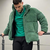 Autumn Streetwear Mens Down Jacket Winter Warm Outerwear Fashion Loose Zipper Turn-down Collar Long Sleeve Corduroy Coat For Men