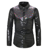 Foesce Night Club Wear Men's Dress Shirts Camisa Social Brand Slim Long Sleeve Shirt Men Coated Metallic Button Down Black Shirts