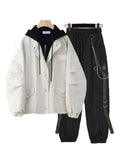 Foesce Spring New Streetwear Black 2 Piece Set Harajuku Loose Hooded Single Breasted Jacket+Handsome Cargo Pants Two Piece Outfits