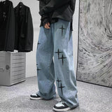 Foesce  Oversized Jeans Neutral Wide Leg Denim Trousers Loose Street  Men Jean Asthetic Man Jeans Pants Cross Print Casual Baggy Hip Hop