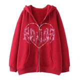 Y2k Zip Up Hoodie Women Hip Hop Heart Graffiti Letter Print Hooded Sweatshirts Female Harajuku Goth Punk Jacket Coats Streetwear