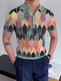 Vintage Houndstooth Print Polo Shirt Men Summer Short Sleeve Casual Pullover Tops Mens Fashion Turn-down Collar Button-up Polos