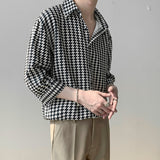 High Quality Houndstooth Three Quarter Sleeve Shirt Mens Autumn Thin Korean Fashion Loose Casual Designer Clothes Men Shirt