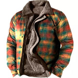 Foesce Winter Mens Warm Thick Fleece Lining Jackets Vintage Pattern Print Patchwork Turn-down Collar Buttoned Coats Men Outerwear