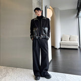 Men Wool Splice Leather Loose Casual Vintage Fashion Short Jacket Outerwear Male Korean Streetwear Business Coat