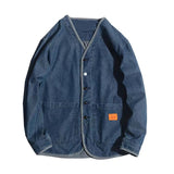 Japan Style Amekaji V-Neck Single Breasted Men Denim Jacket Spring Mens Vintage Jean Jacket