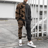Foesce men's spring and autumn two-piece long-sleeved round neck T-shirt trousers casual loose printing transport suit