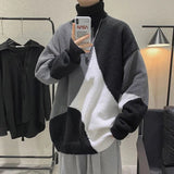 Foesce Fashion Turtleneck Knitted Spliced All-match Asymmetrical Sweater Men Clothing  Autumn New Casual Pullovers Loose Warm Tops