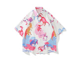 Foesce Hip Hop Oil Painting Dinosaur Print Shirt Men Women Harajuku Short Sleeve Botton T Shirt Summer Casual Loose Shirt