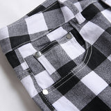 Men's Black and White Plaid Printed Jeans Fashion Check Digital Print Slim Straight Pants Stretch Trousers
