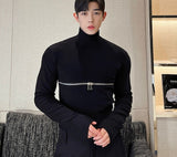 Autumn Winter Design Zipper Thickened Versatile Long Sleeve Backing Solid Color High Neck Male Pullover