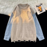 Women Men Sweater Autumn Knit Patchwork Sweater Long Sleeve O-Neck Heart Pattern Knitted Pullover Loose Stitching Sweater Shirt