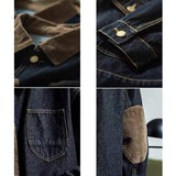 Men Fashion Black Denim Jacket Tough American Retro Hunting Jacket Denim Corduroy Stitching Denim Loose Jacket Trendy Men