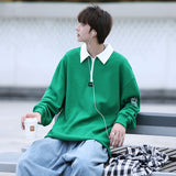 Zipper Polo Sweatshirt  Men Women Stand-Up Collar Hoodie Trendy Lover Print Harajuku College Style Oversize Casual Sports Jacket