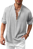 Men's Hippie Linen Shirt Casual Long Sleeve Henry Collar Summer Beach Loose Tee Tops Solid Color T shirts