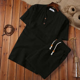 Foesce-(Shirt + shorts) summer fashion Short sleeve men shirt Cotton shirts men's casual elastic waist shirts men full size M-5XL