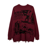 Foesce Harajuku Priest Salvation Printed Knitwears Women Streetwear Hip Hop Destroyed Hole Ripped Pullovers Jumper Oversized Men