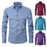 Spring and Autumn Elastic Shirt Men's Long Sleeve Large Luxury Business Casual Slim Solid Color Wrinkle Free Press