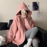 Lazy style threaded Zip High Hooded Knit women cardigan autumn winter long sleeve top Jacket Street casual loose women sweater