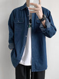 Spring New Button Pockets Men's Blue Denim Shirt Husband Fashion Long Sleeve Solid Cotton Slim Casual Shirts for Men