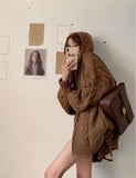 Lazy style threaded Zip High Hooded Knit women cardigan autumn winter long sleeve top Jacket Street casual loose women sweater