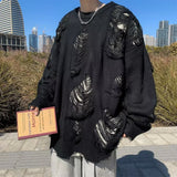 Broken Hole Punk Ugly Knitted Sweater Ripped Destroyed Oversize Pullover Men Black Vintage Hip Hop Sweater Knit Pullover