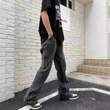 Foesce Vintage Streetwear Flared Jeans Pants Hip Hop Splashing Ink Wide Leg Jean Overalls for Men Fashionable Retro Patchwork Jeans