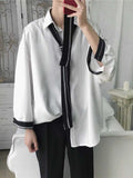 Foesce Tie Shirt Men's Long-sleeved Hong Kong Style Simple Solid Color Shirt Student Loose Elegant Top Youth Stripe Decoration Blouse